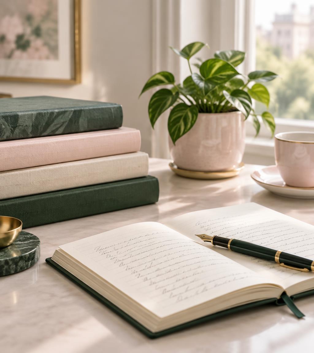 A calm desk with stacked books, a notebook, and a fountain pen in pale pink and emerald green